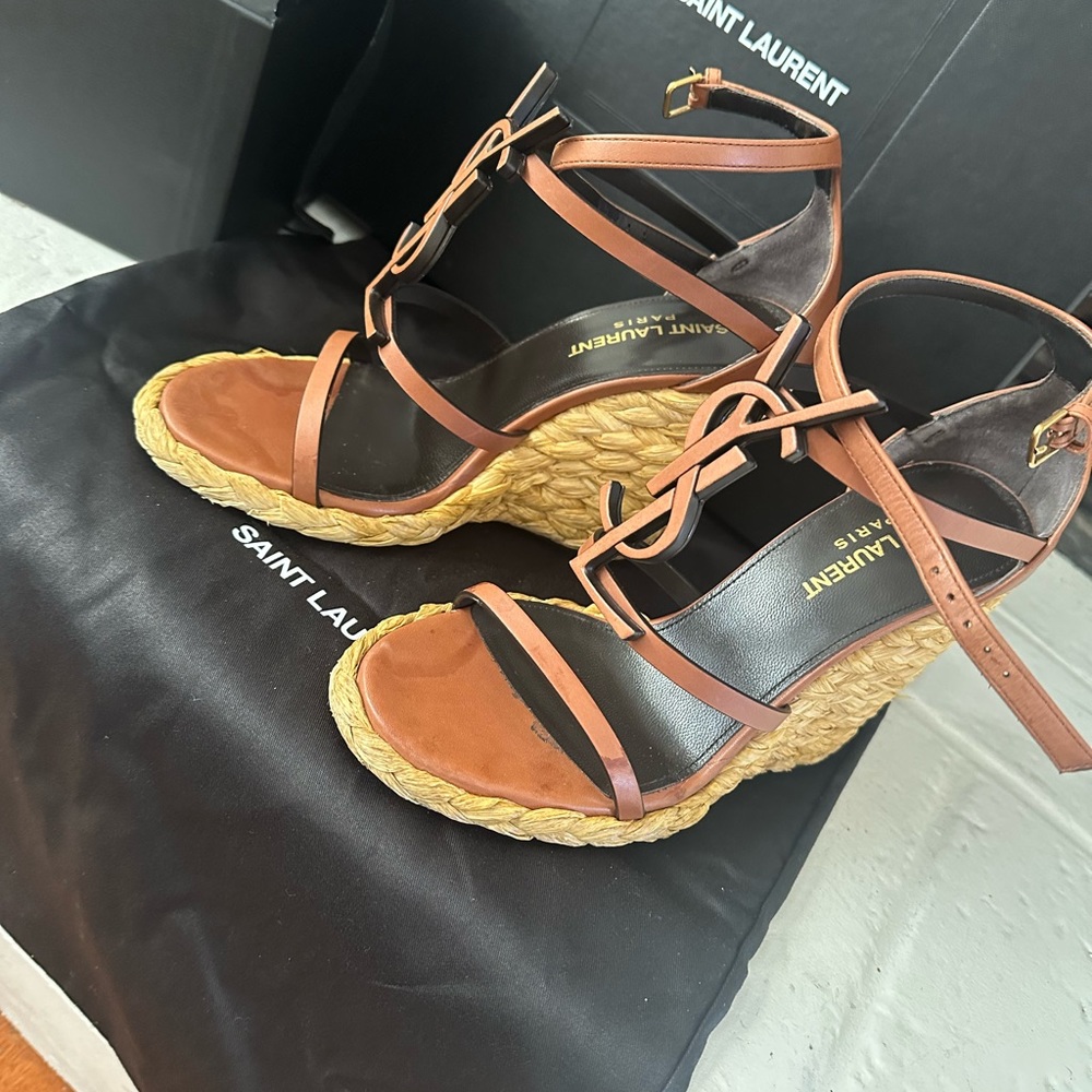 Saint Laurent
Cassandra Wedge Espadrilles in Smooth Vegetable-tanned Leather